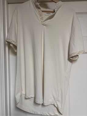 MantraBand Cream Short Sleeve Polo with Floral Trim